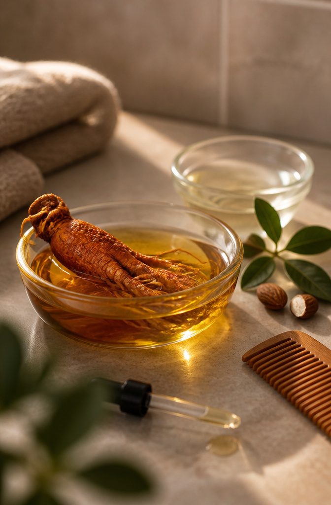 Red ginseng root beside small dishes of coconut and jojoba oil