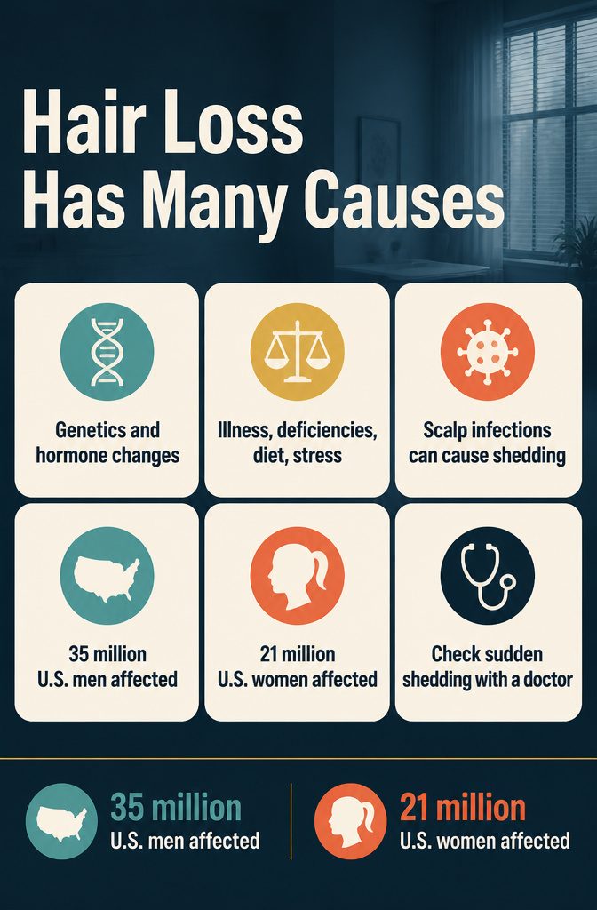 Information graphic titled Hair Loss Has Many Causes