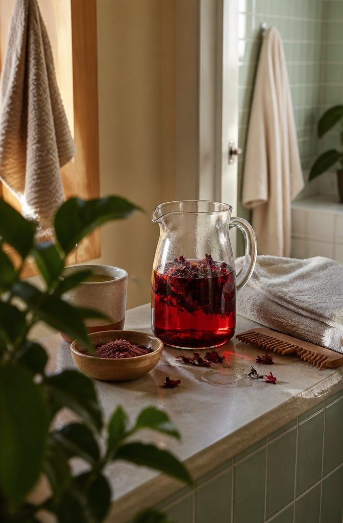 Red hibiscus petals in a clear pitcher beside hibiscus powder and green tea