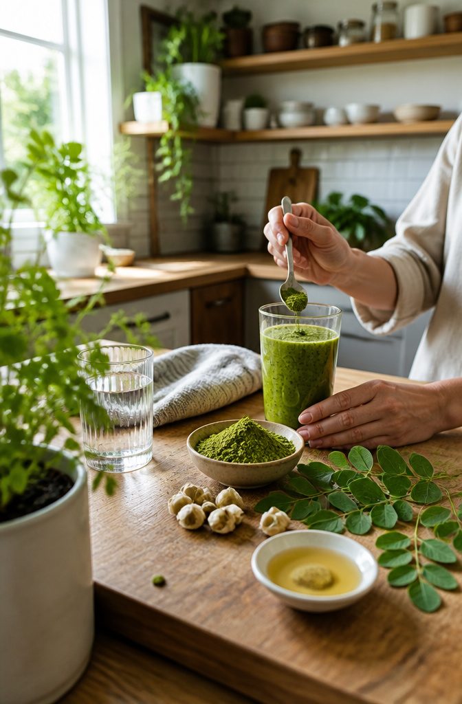 Moringa powder on a spoon beside a smoothie glass and fresh leaves