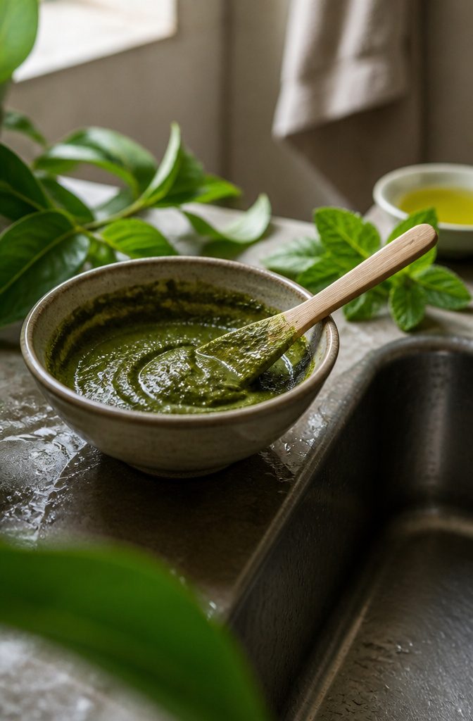 Neem leaves and powder beside a bowl of scalp treatment