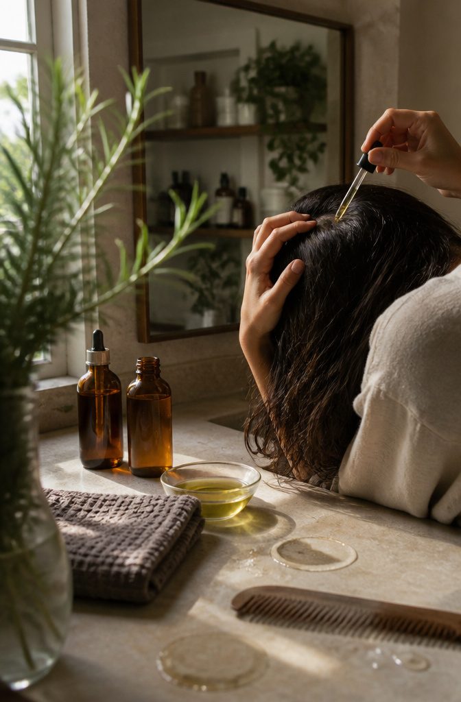 Hands massage rosemary oil into a scalp beside olive oil and rosemary sprigs