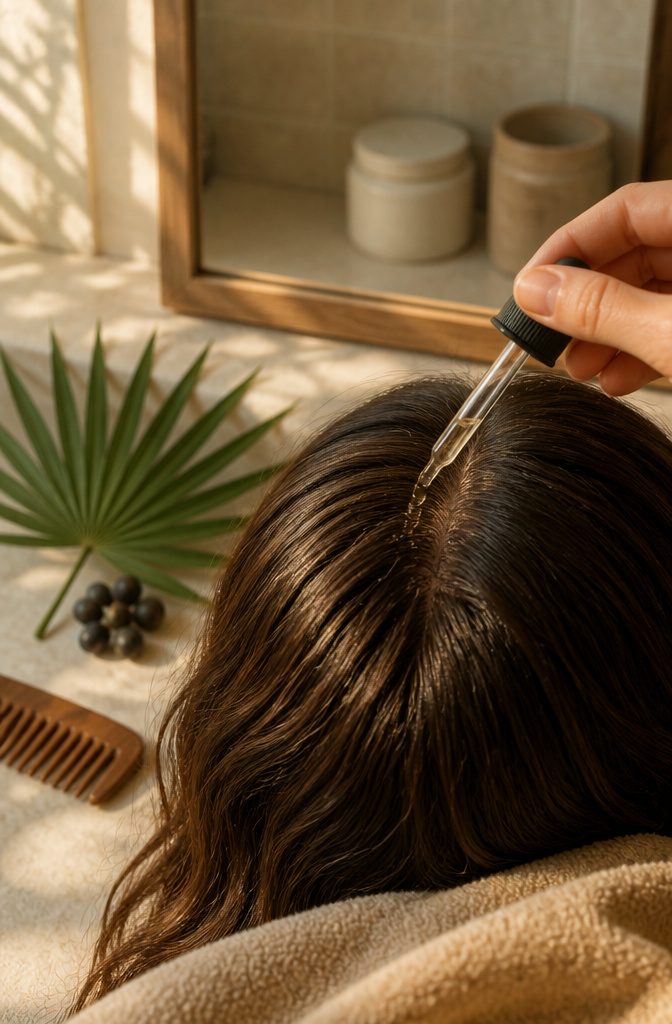 Saw palmetto berries beside a bottle of topical hair treatment