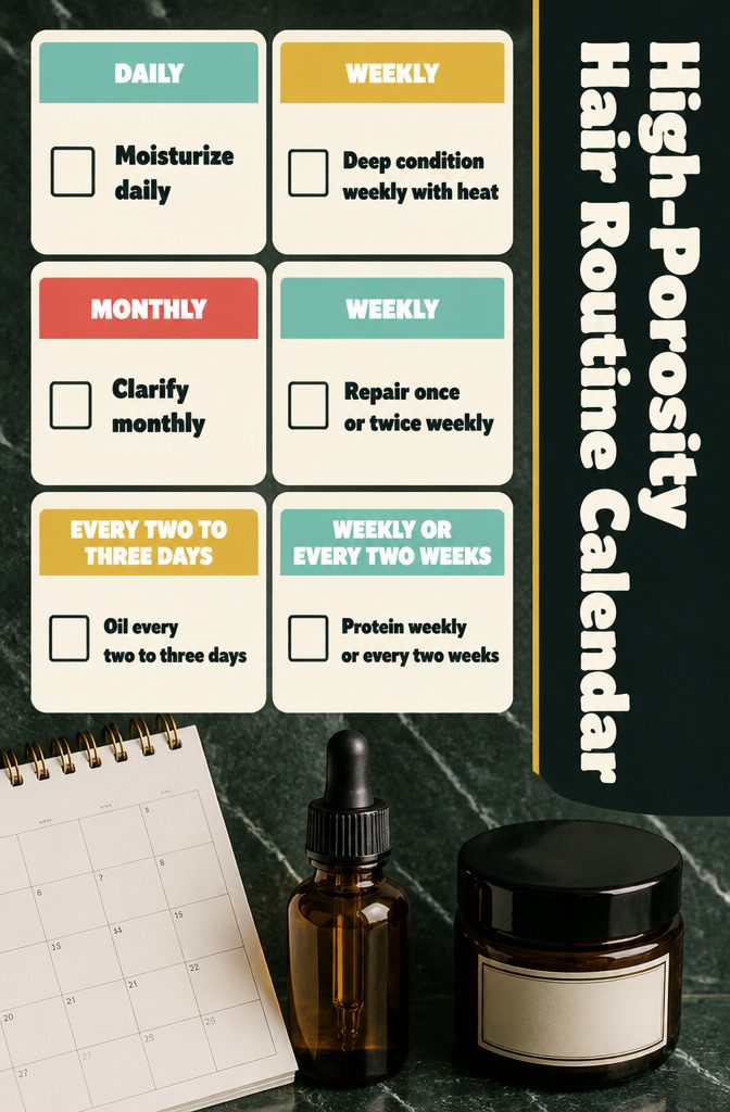 High porosity hair routine calendar with daily weekly and monthly care steps
