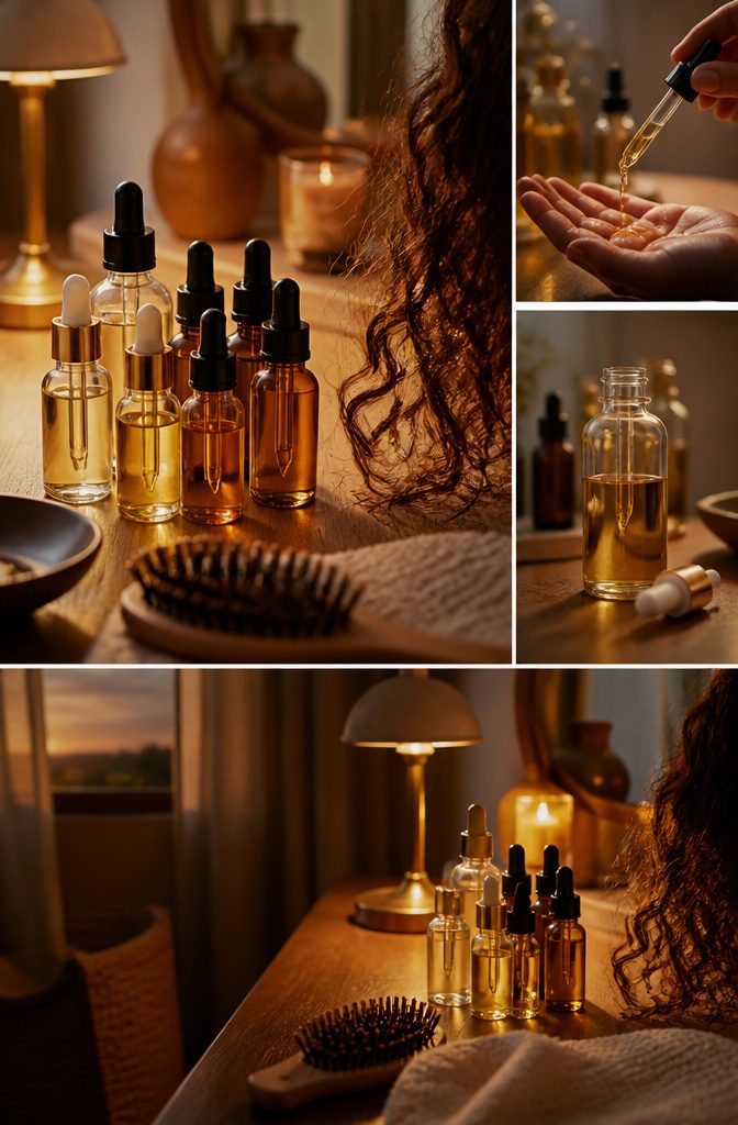 Bottles of hair oil for damaged hair, frizz, heat styling, split ends, and curls