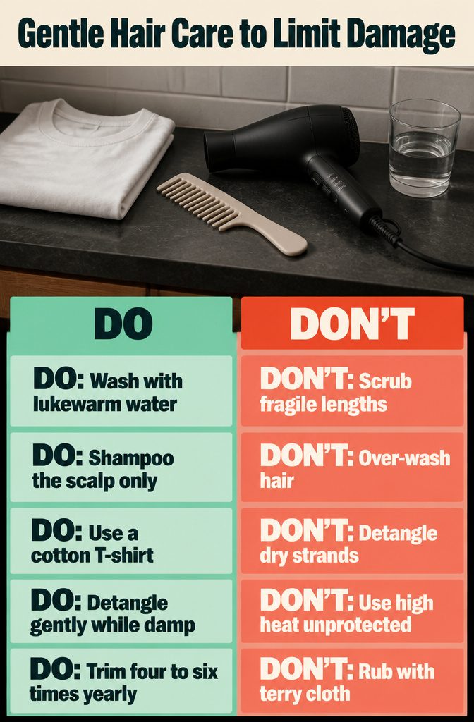 Hair care infographic with gentle washing detangling and drying steps