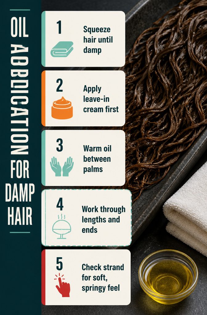 Hair care infographic showing oil applied to damp hair after leave-in conditioner