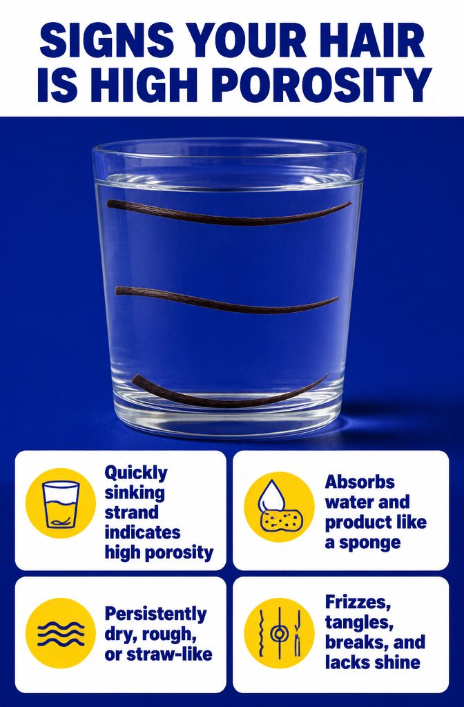 High porosity hair signs infographic about hair texture and the strand-in-water test