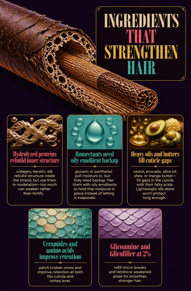 Hair ingredient infographic listing proteins humectants oils butters and strengthening ingredients