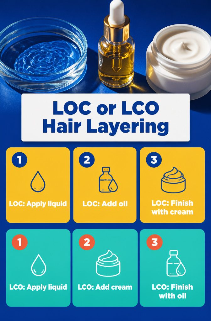 Hair layering infographic showing liquid oil and cream in LOC and LCO sequences