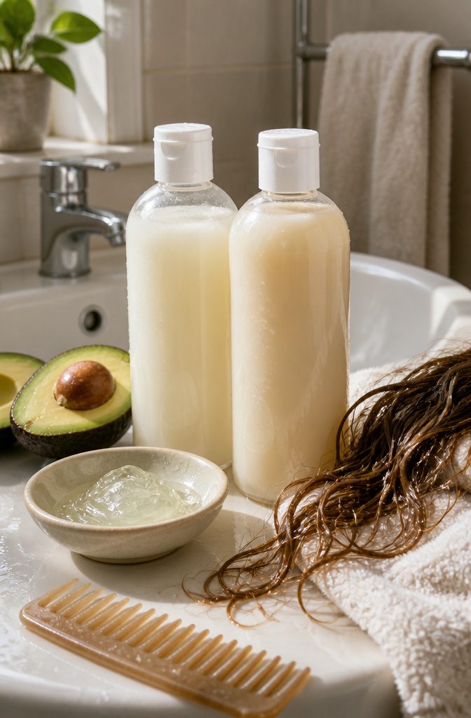 Hair care products arranged for a moisturizing shampoo and conditioner routine