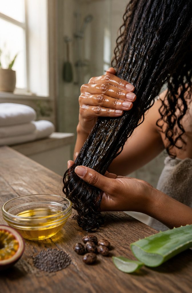 Pre-shampoo oil treatment applied to hair before washing