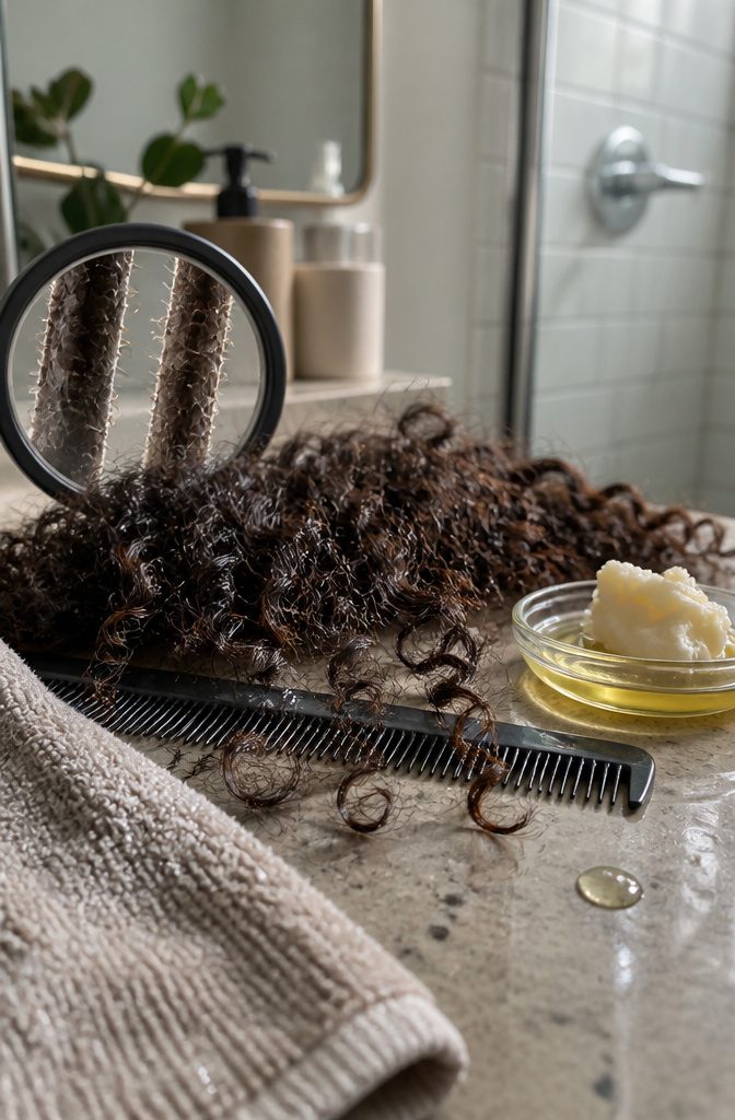Naturally curly hair with lifted cuticle edges beside a dark fine-toothed comb and glass dish of oil and shea butter