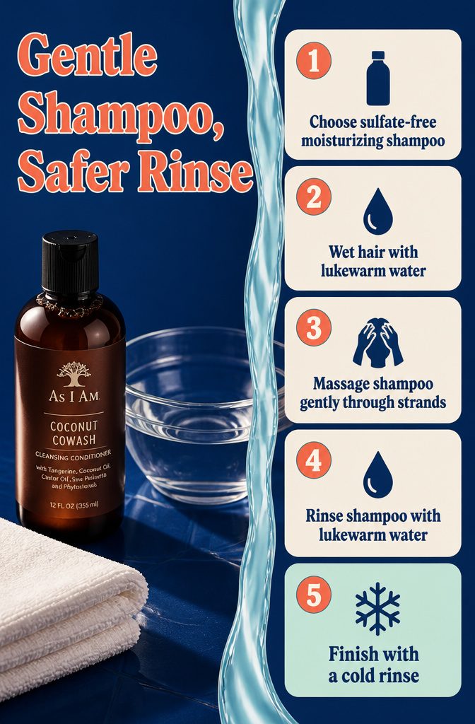 Beauty graphic titled Gentle Shampoo, Safer Rinse