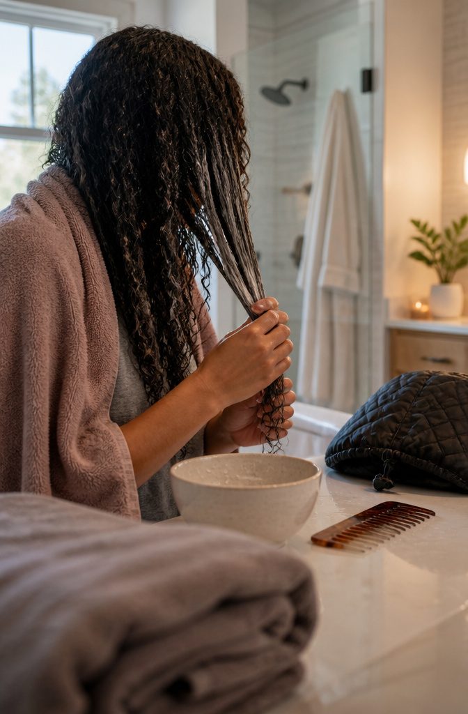 Long damp curls beneath a warm towel with a creamy hair mask