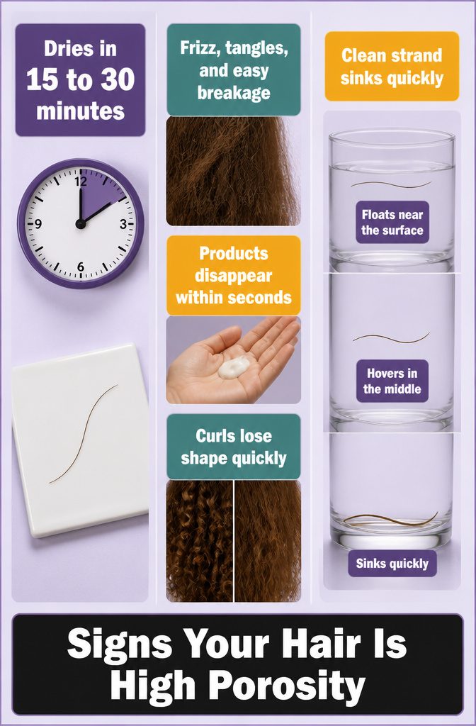 Beauty graphic titled Signs Your Hair Is High Porosity
