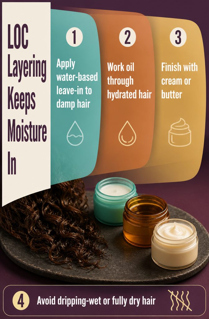 Beauty graphic titled LOC Layering Keeps Moisture In