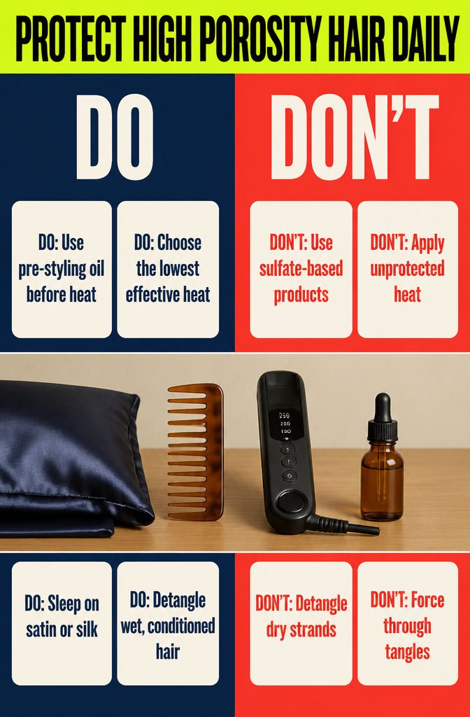 Beauty graphic titled Protect High Porosity Hair Daily