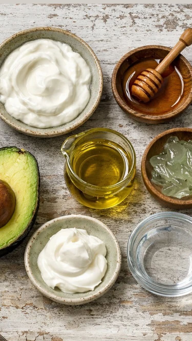 Avocado, honey, oil, and cream in bowls on a rustic white wooden table.