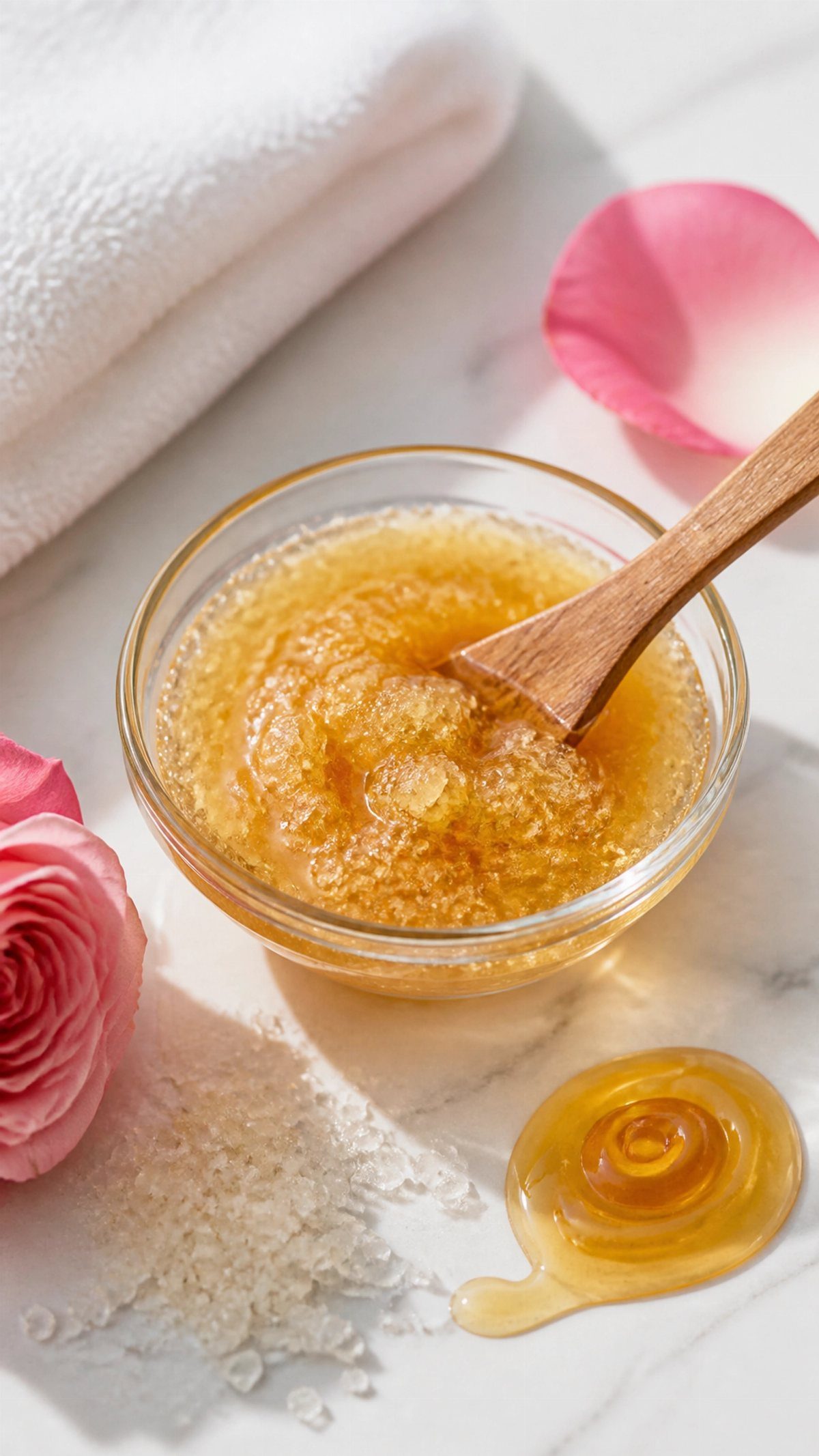 Golden honey and sugar scrub in a glass bowl with a wooden spoon.