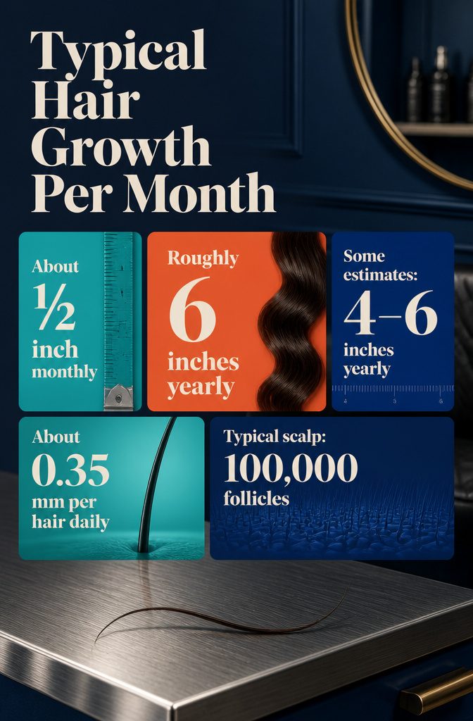 Hair growth infographic with a strand illustrating typical monthly growth