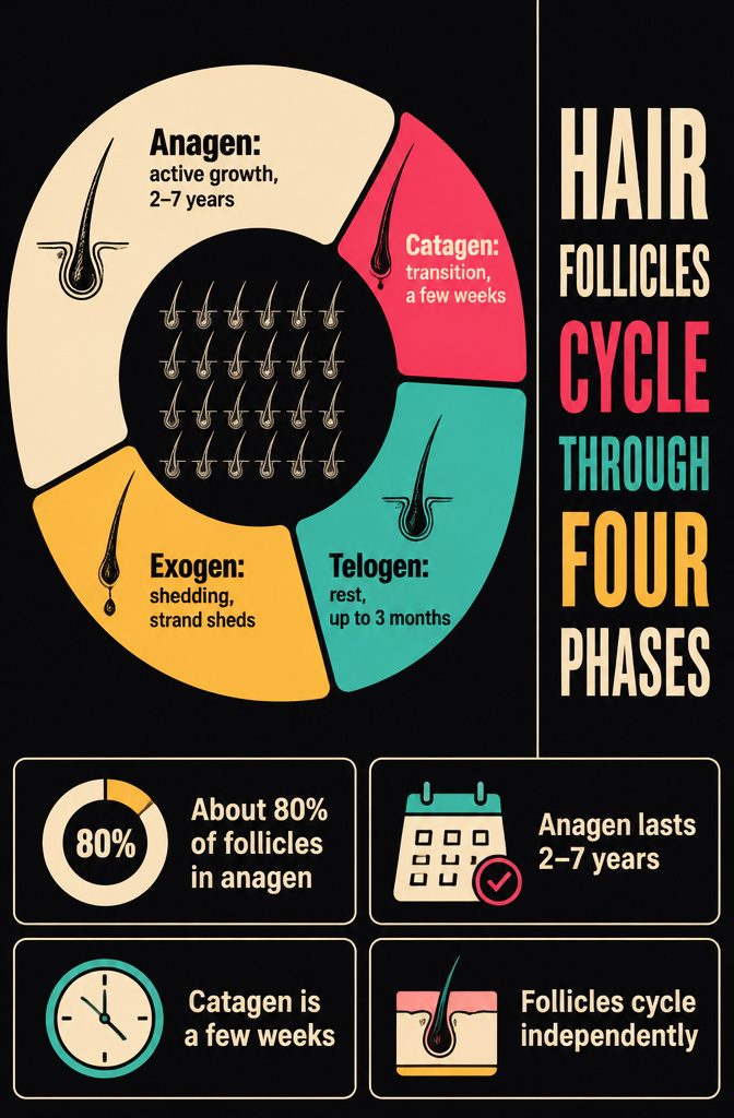Diagram of a hair follicle moving through four growth cycle phases