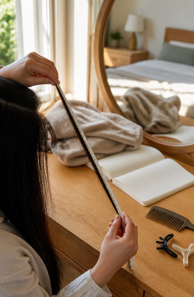 Person measuring dark hair near the scalp with a flexible tape