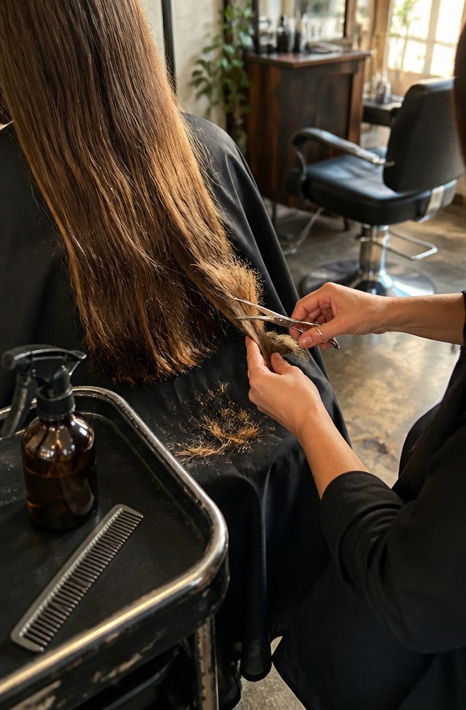 Long textured hair with frayed ends on a dark cape beside shears