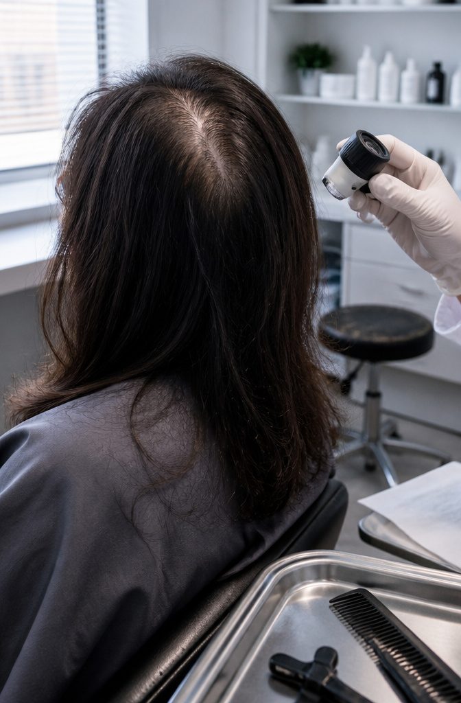 Doctor examining a patient's scalp during a hair loss check