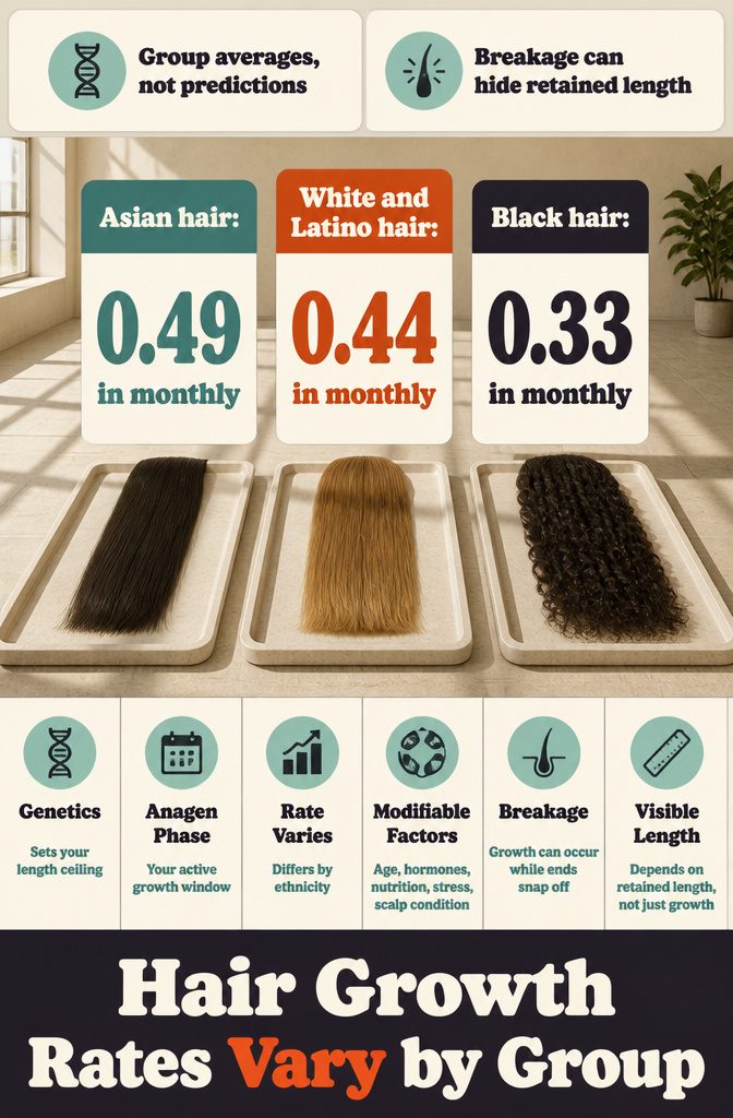 Infographic comparing hair growth rates for Asian White Latino and Black groups