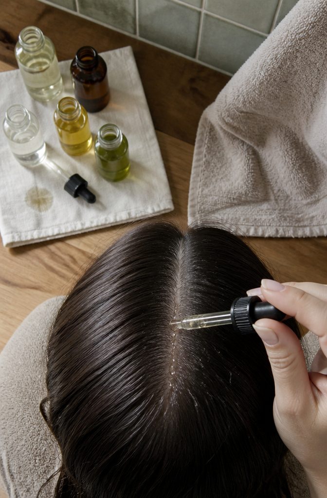 Hands applying oil along parted hair at the scalp