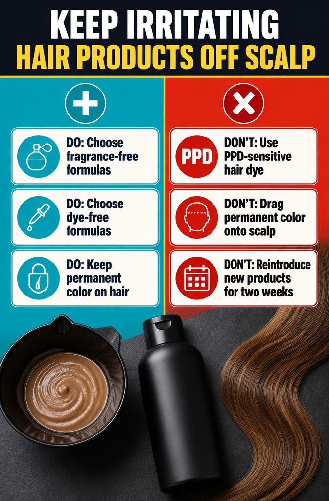 Hair care products displayed beneath a sign about scalp irritants
