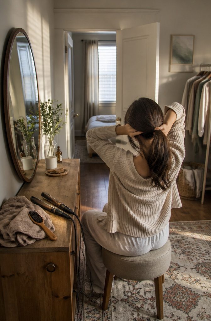 Person wearing hair loosely secured away from the scalp