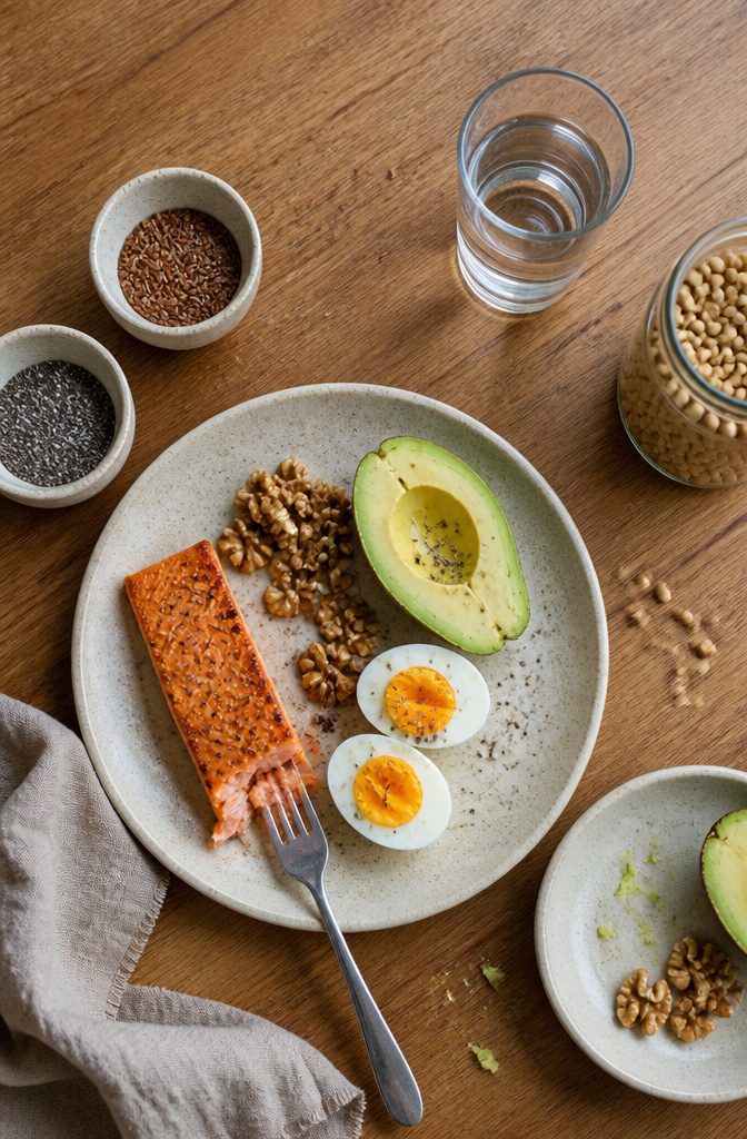 Salmon, chia seeds, walnuts, eggs and avocado arranged on a table