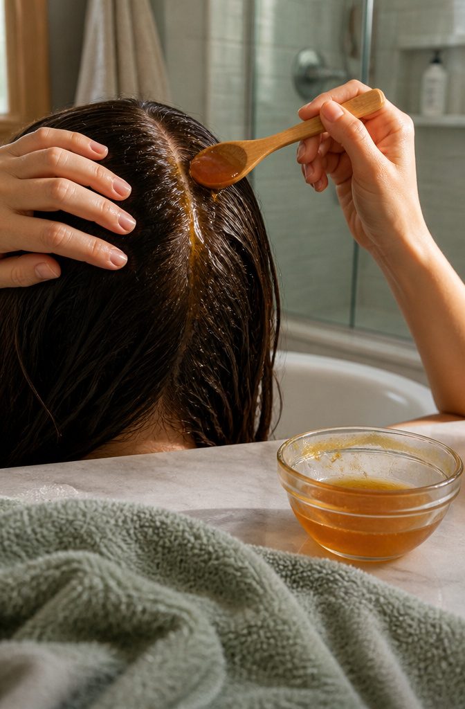 Honey being spread through parted hair onto the scalp