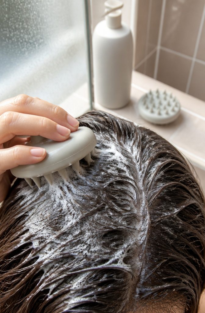 Scalp scrub being massaged into wet roots