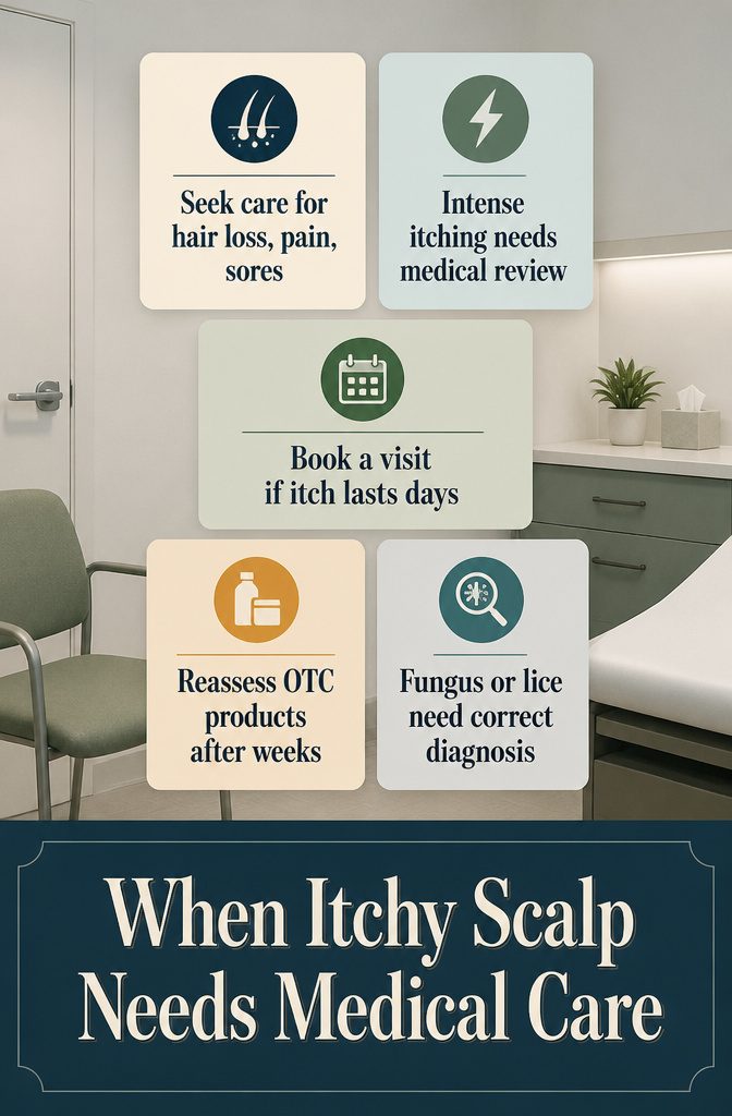 Beauty information graphic listing signs that itchy scalp needs medical care