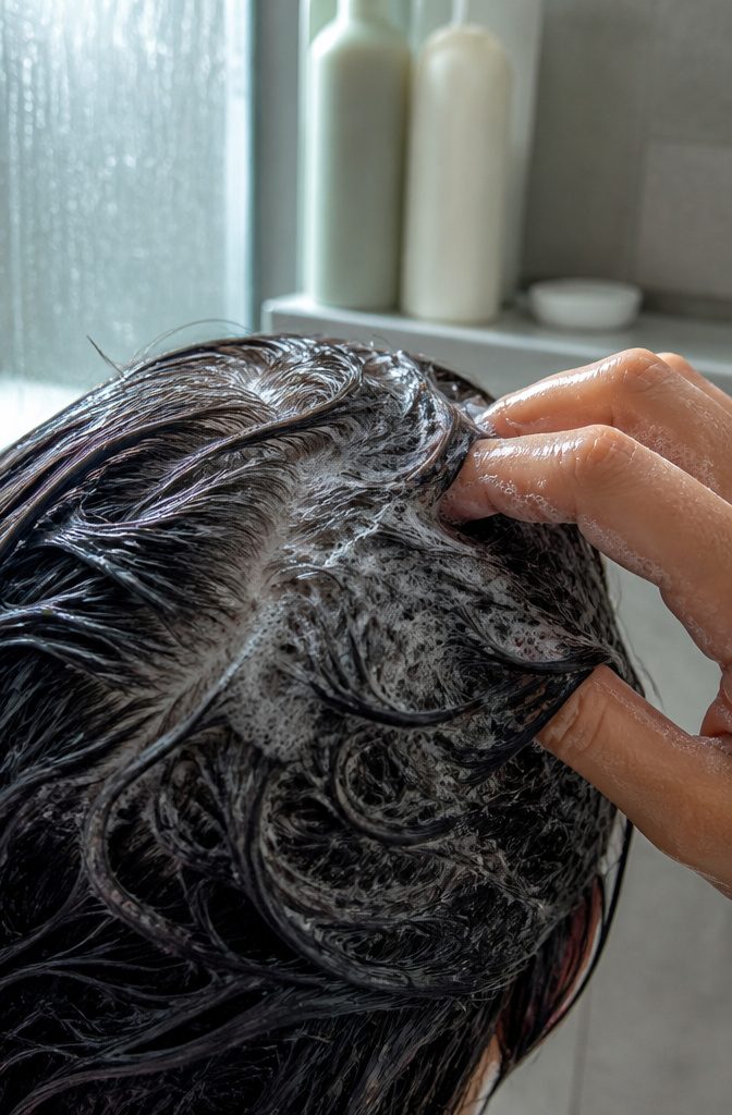 Bottle of medicated shampoo beside a person with wet, flaking hair