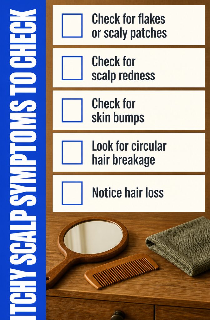 Beauty information graphic listing flakes, redness, bumps and hair loss