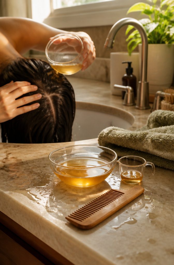 Clear bowl of diluted vinegar, measuring cup and wooden comb beside parted hair
