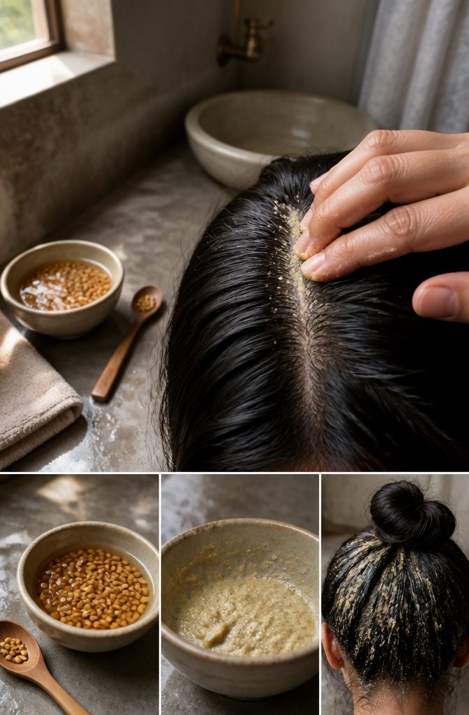 Bowls of neem, baking soda, lemon, fenugreek, yogurt and aspirin