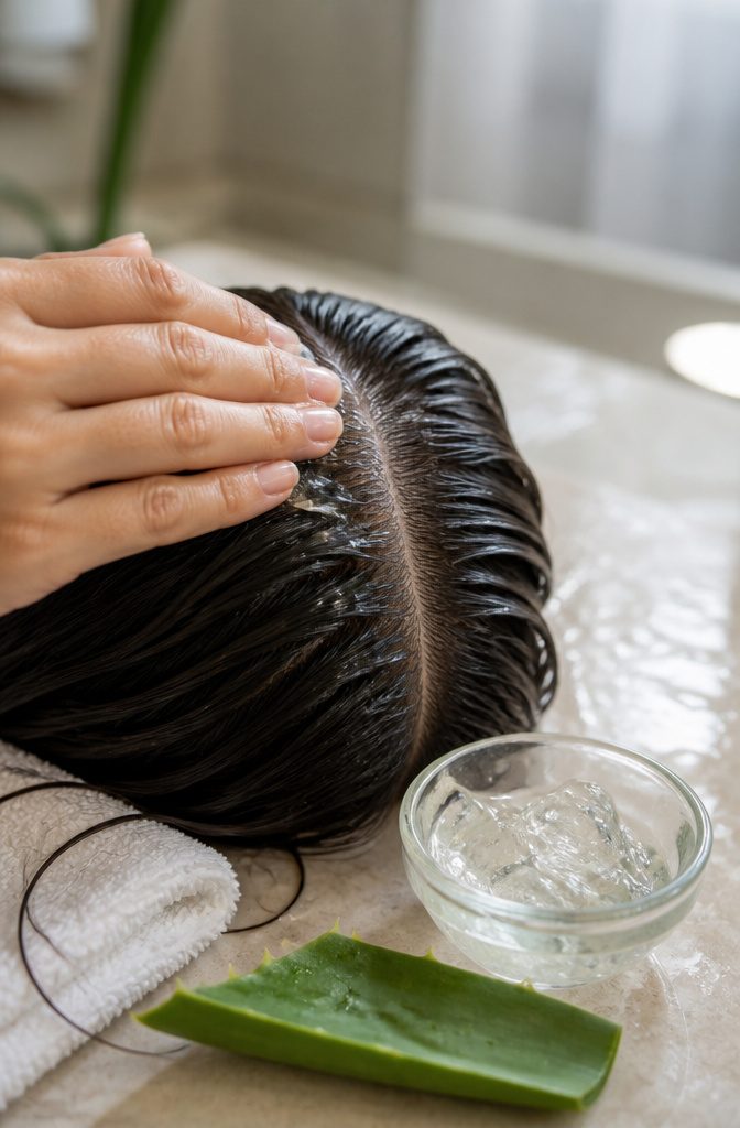 Aloe vera gel being applied to a parted scalp