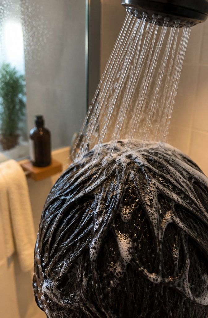 Wet hair and crown rinsed under a shower stream in a bathroom