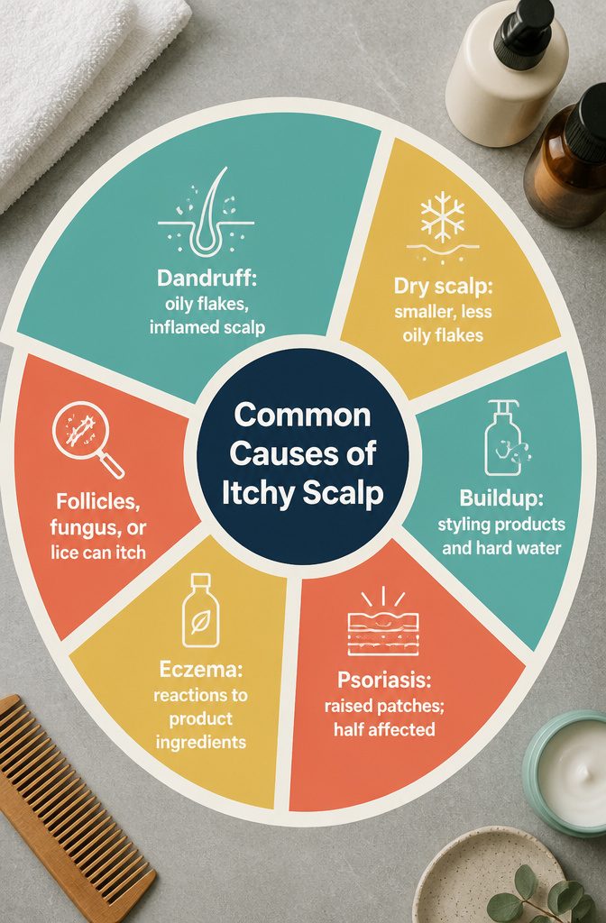 Beauty information graphic listing common causes of itchy scalp