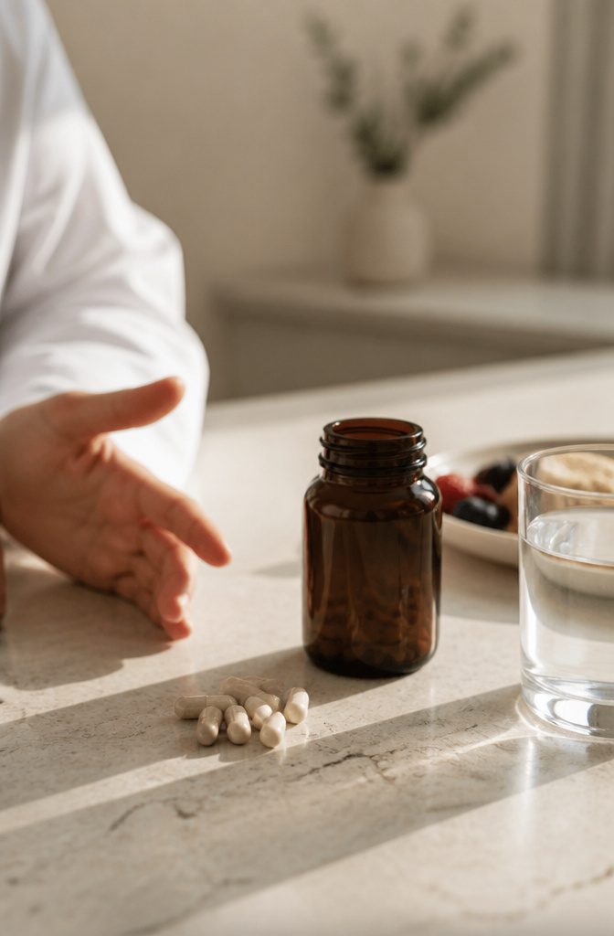 Supplement bottles arranged for a hair growth article