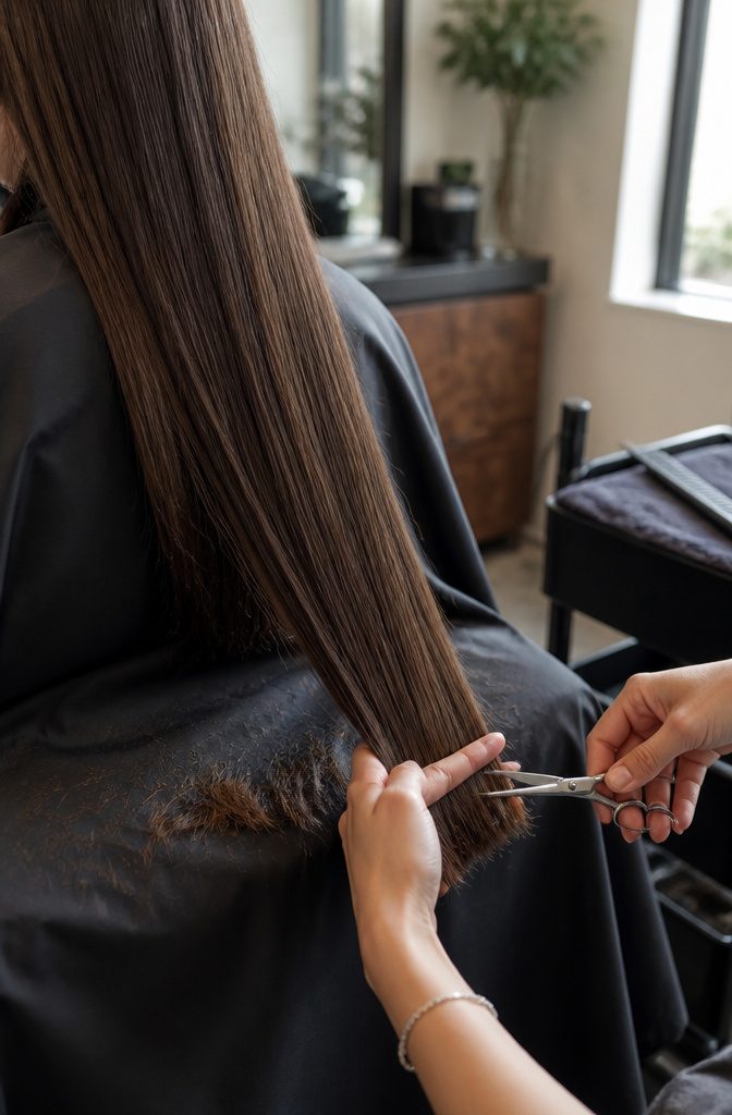 Stylist trimming the fine ends of long hair over a dark cape