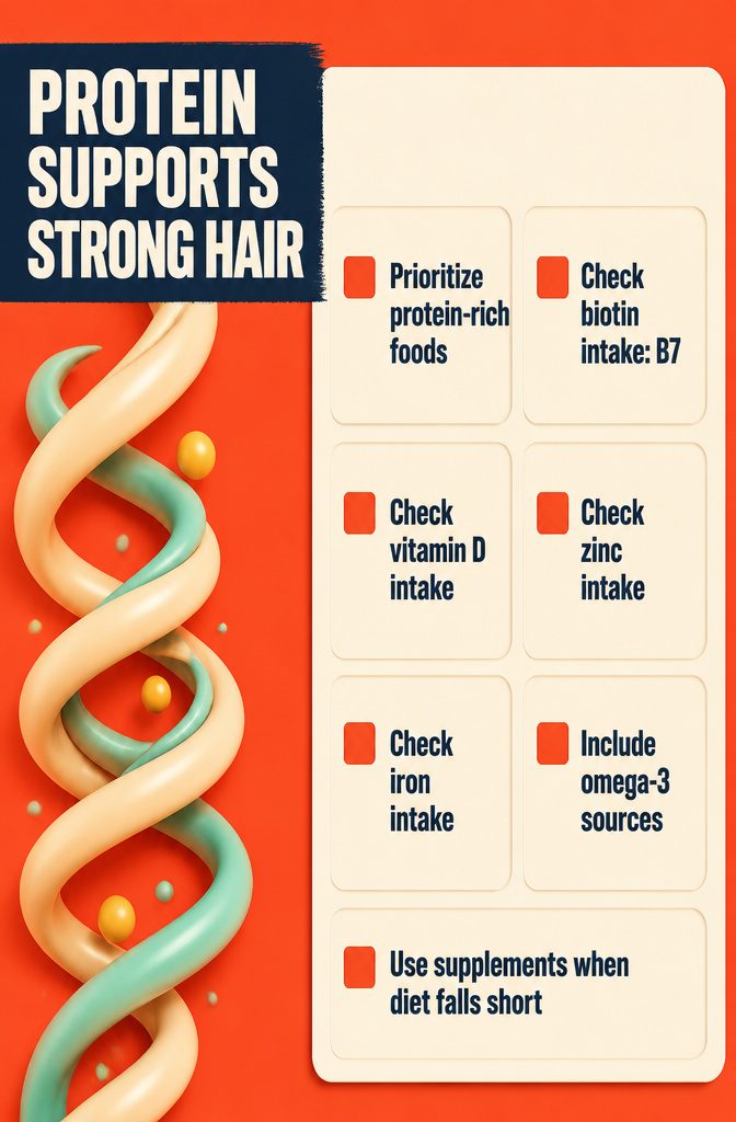 Protein and strong hair infographic with the title Protein Supports Strong Hair