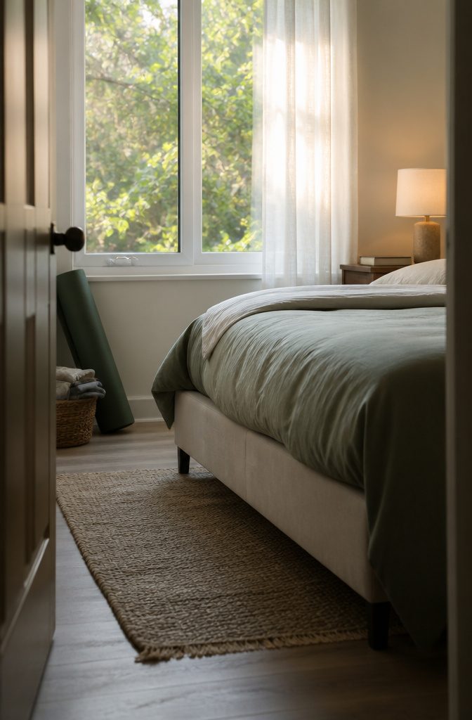 Closed book beside bedside lamp and turned-down bed with a rolled yoga mat by a window