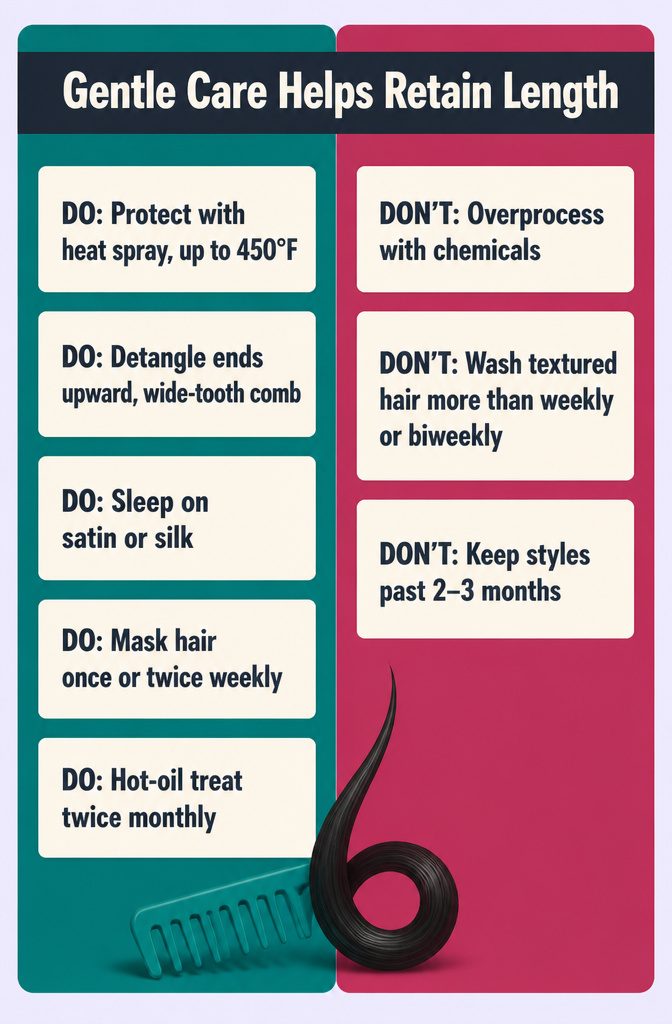 Gentle hair care infographic with the title Gentle Care Helps Retain Length