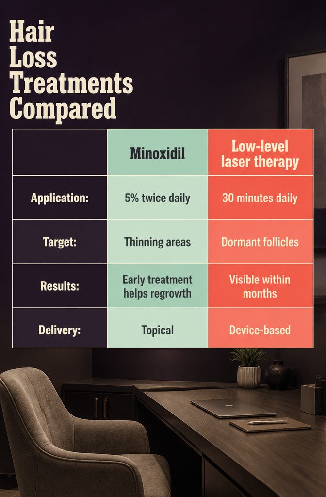 Hair loss treatment infographic with the title Hair Loss Treatments Compared